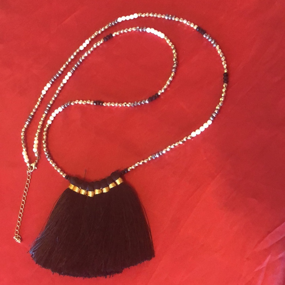 Boho Faceted glass rhinestone tassel pendent necklace silver gold cream & black